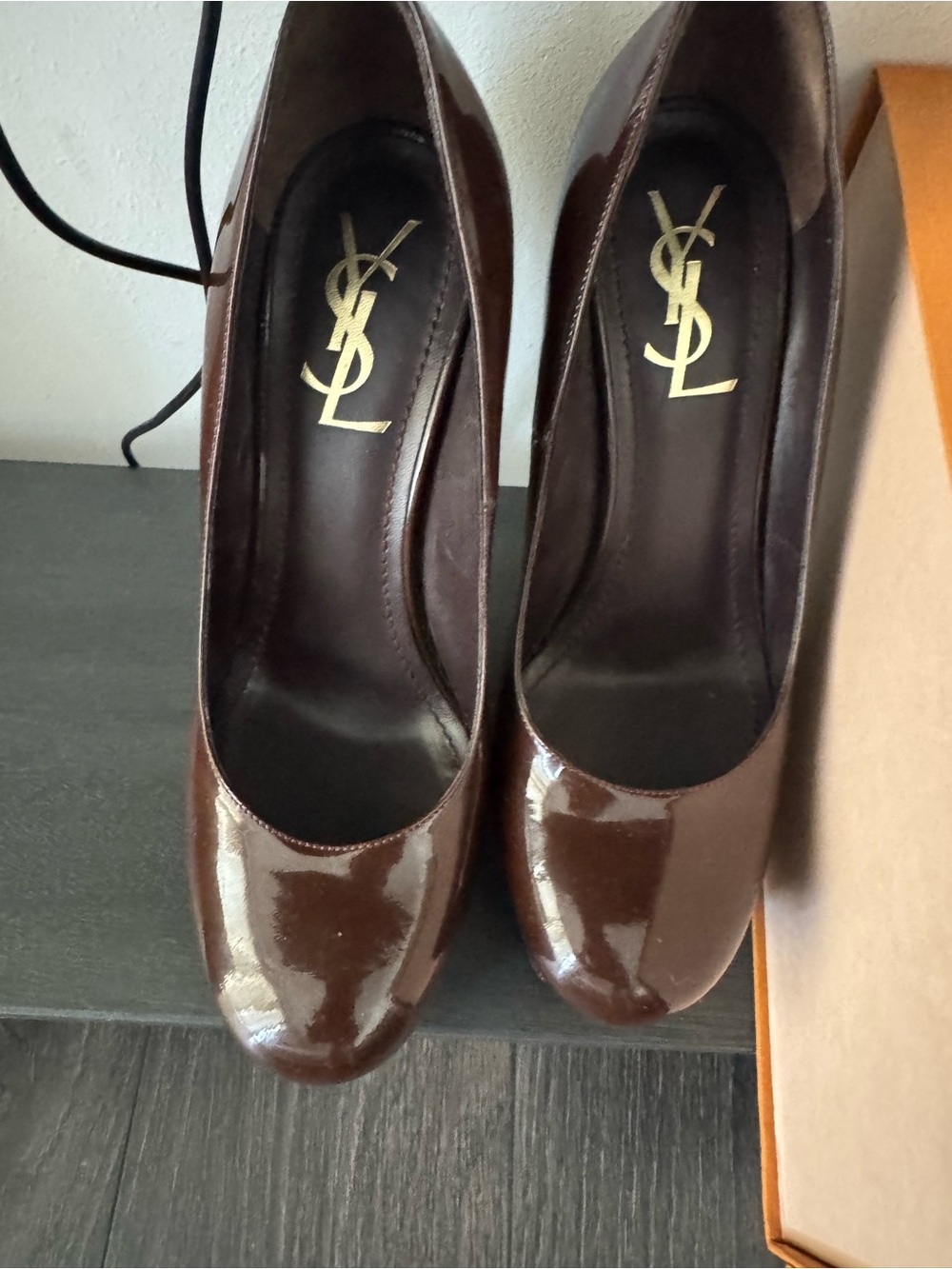 Yves Saint Laurent Brown Patent Leather Round-Toe Pumps